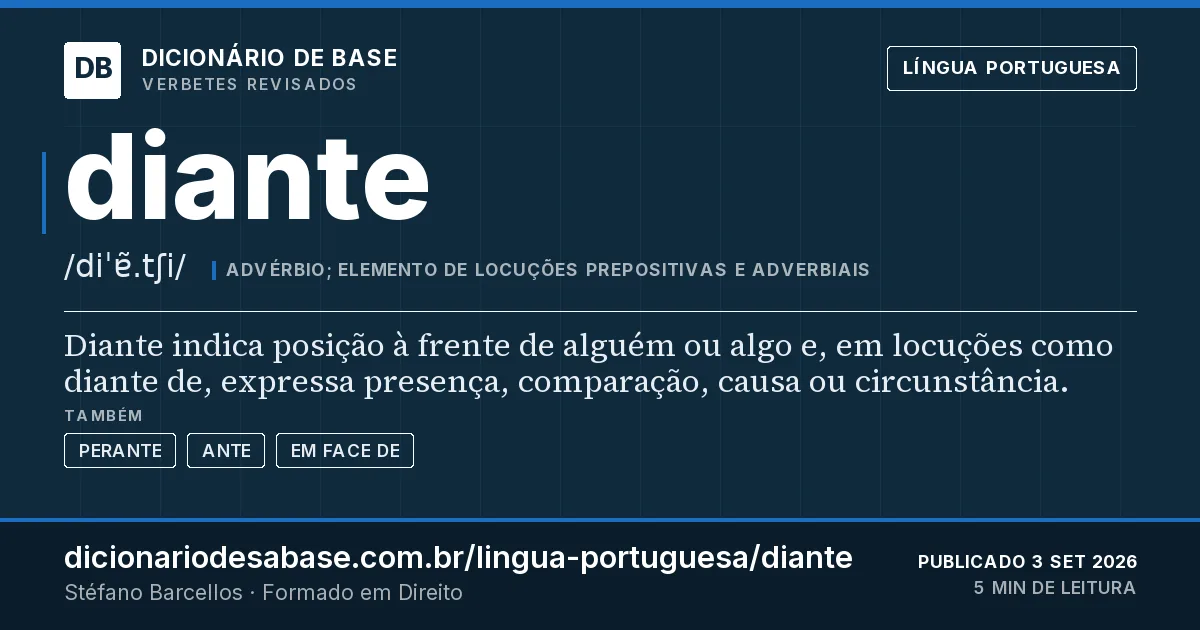 Cartão do verbete diante: Diante indica posição à frente de alguém ou algo e, em locuções como diante de, expressa presença, comparação, causa ou…