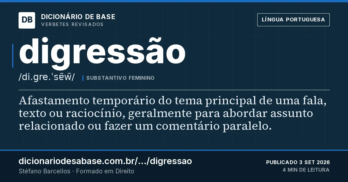 Cartão do verbete digressão: Afastamento temporário do tema principal de uma fala, texto ou raciocínio, geralmente para abordar assunto relacionado…