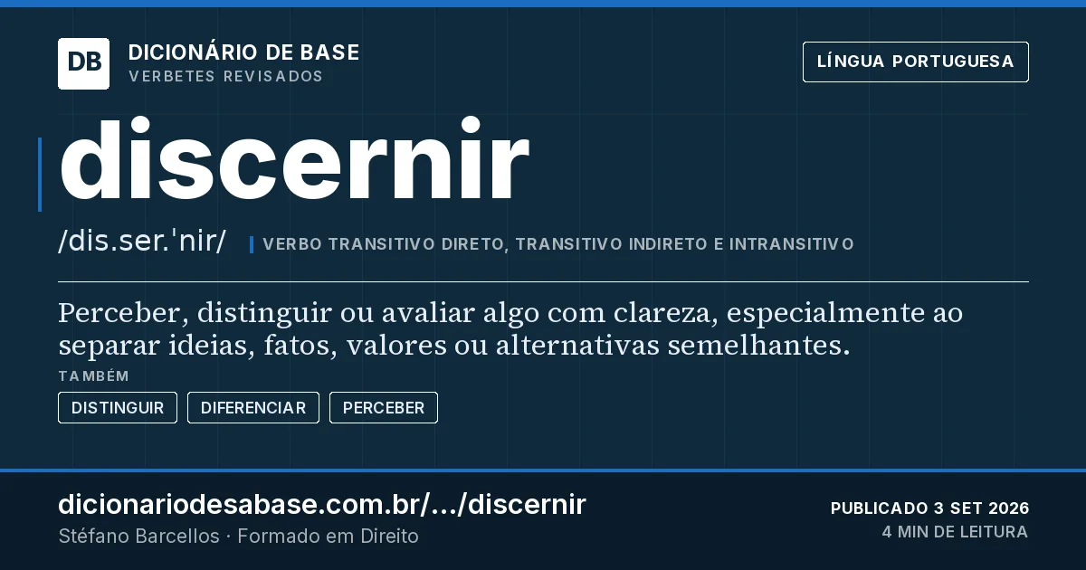 Cartão do verbete discernir: Perceber, distinguir ou avaliar algo com clareza, especialmente ao separar ideias, fatos, valores ou alternativas…