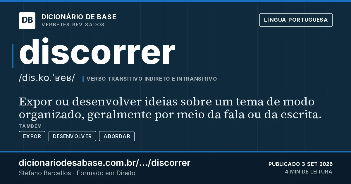 Cartão do verbete discorrer: Expor ou desenvolver ideias sobre um tema de modo organizado, geralmente por meio da fala ou da escrita.
