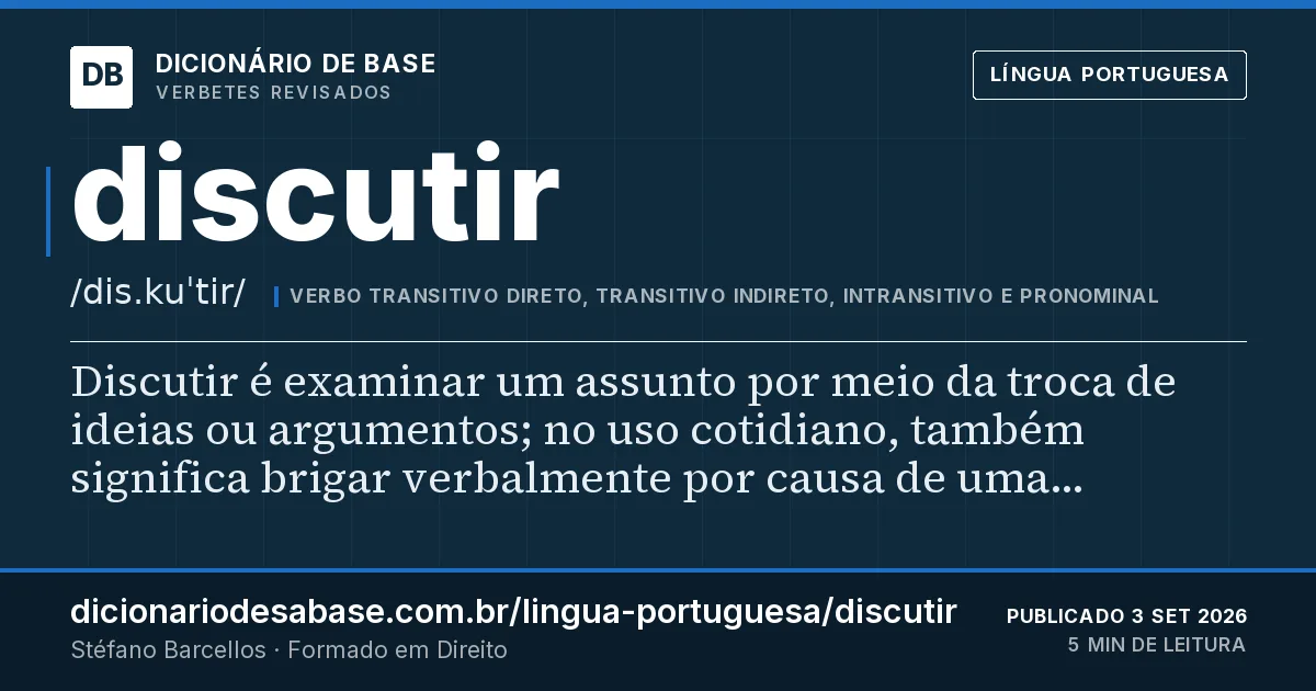 Cartão do verbete discutir: Discutir é examinar um assunto por meio da troca de ideias ou argumentos; no uso cotidiano, também significa brigar…