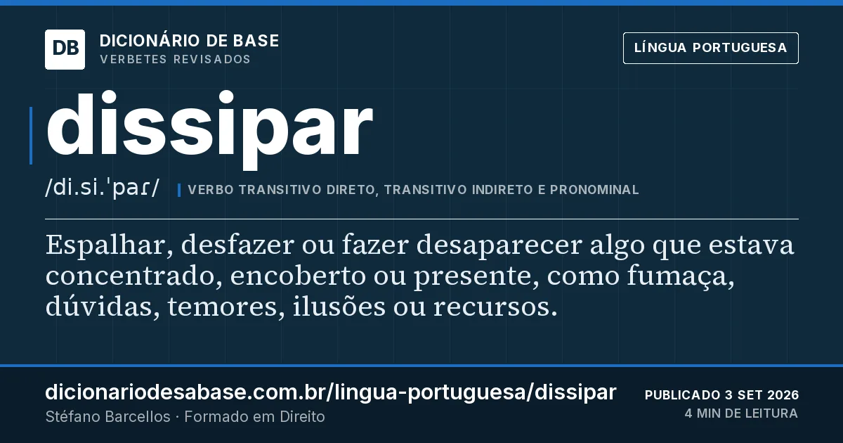 Cartão do verbete dissipar: Espalhar, desfazer ou fazer desaparecer algo que estava concentrado, encoberto ou presente, como fumaça, dúvidas…