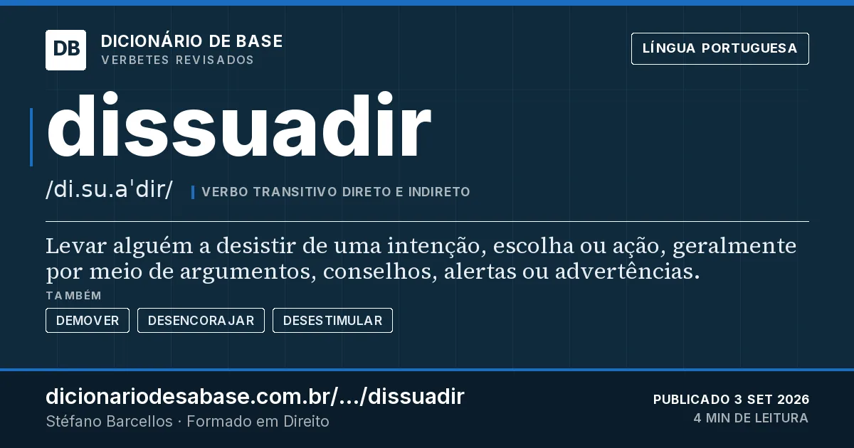 Cartão do verbete dissuadir: Levar alguém a desistir de uma intenção, escolha ou ação, geralmente por meio de argumentos, conselhos, alertas ou…