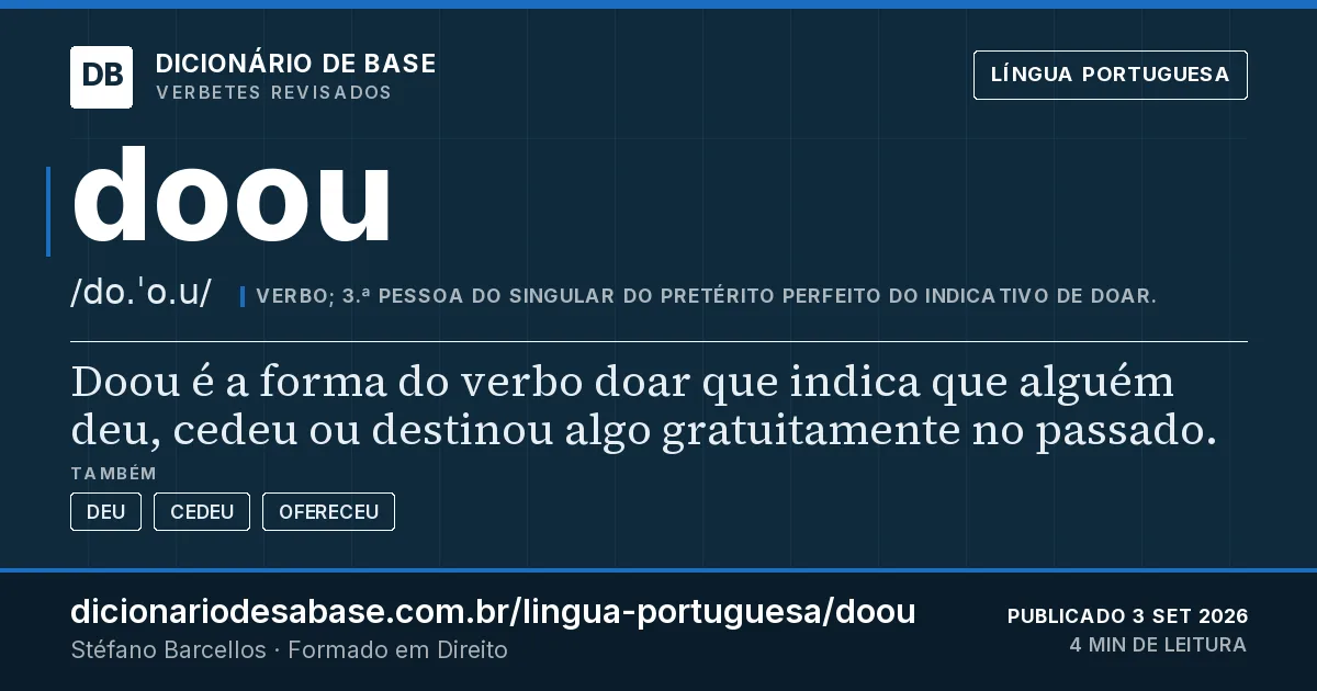 Cartão do verbete doou: Doou é a forma do verbo doar que indica que alguém deu, cedeu ou destinou algo gratuitamente no passado.