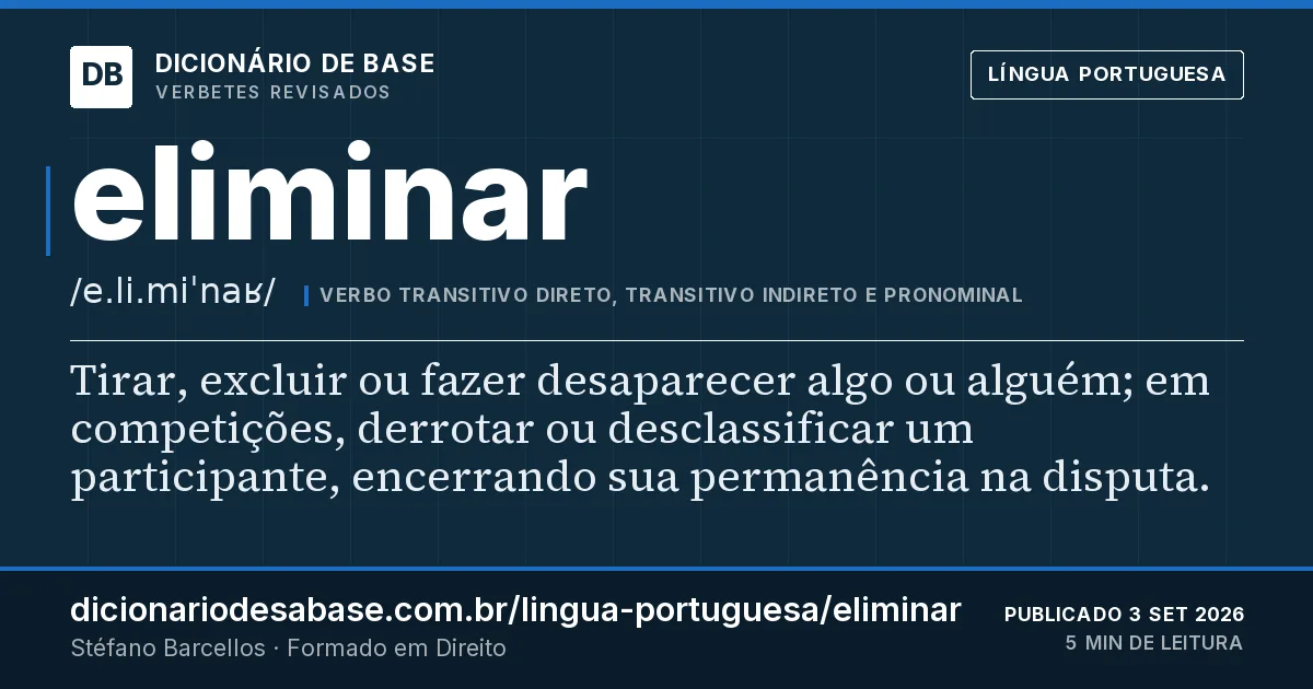 Cartão do verbete eliminar: Tirar, excluir ou fazer desaparecer algo ou alguém; em competições, derrotar ou desclassificar um participante…