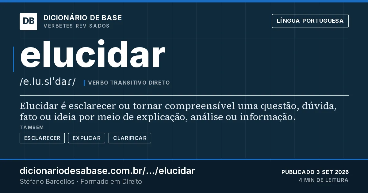 Cartão do verbete elucidar: Elucidar é esclarecer ou tornar compreensível uma questão, dúvida, fato ou ideia por meio de explicação, análise ou…