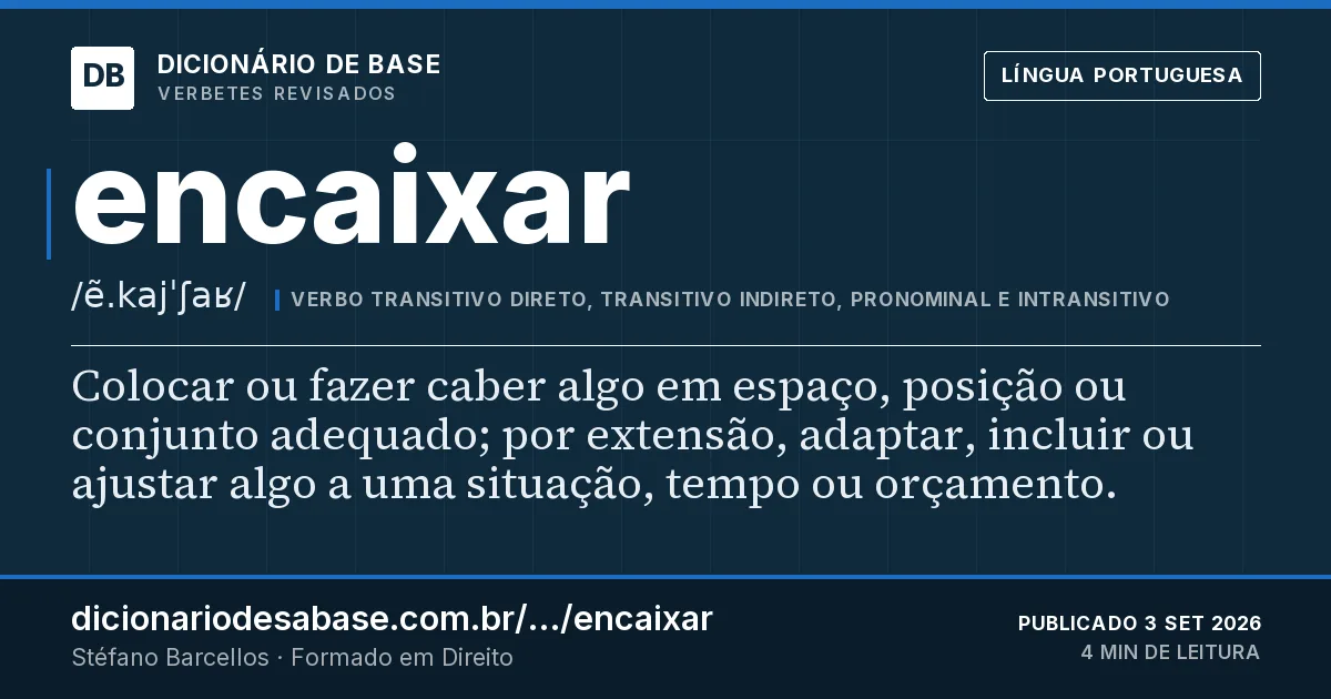 Cartão do verbete encaixar: Colocar ou fazer caber algo em espaço, posição ou conjunto adequado; por extensão, adaptar, incluir ou ajustar algo a…