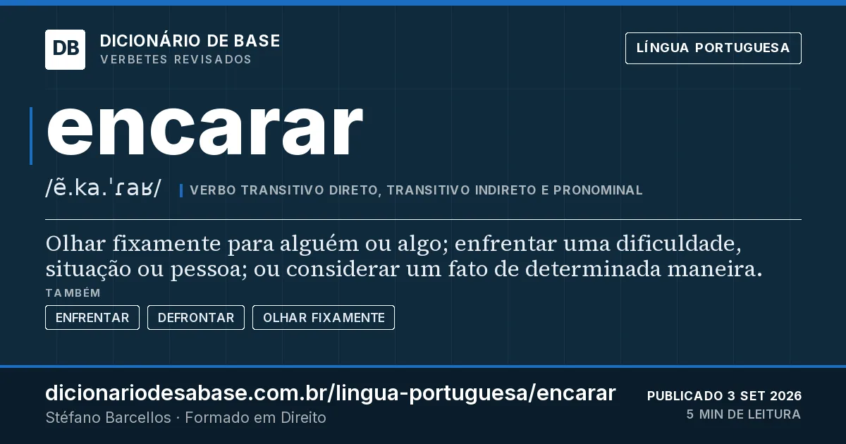 Cartão do verbete encarar: Olhar fixamente para alguém ou algo; enfrentar uma dificuldade, situação ou pessoa; ou considerar um fato de…