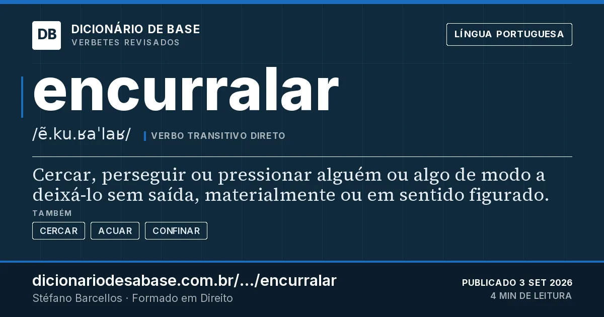 Cartão do verbete encurralar: Cercar, perseguir ou pressionar alguém ou algo de modo a deixá-lo sem saída, materialmente ou em sentido figurado.