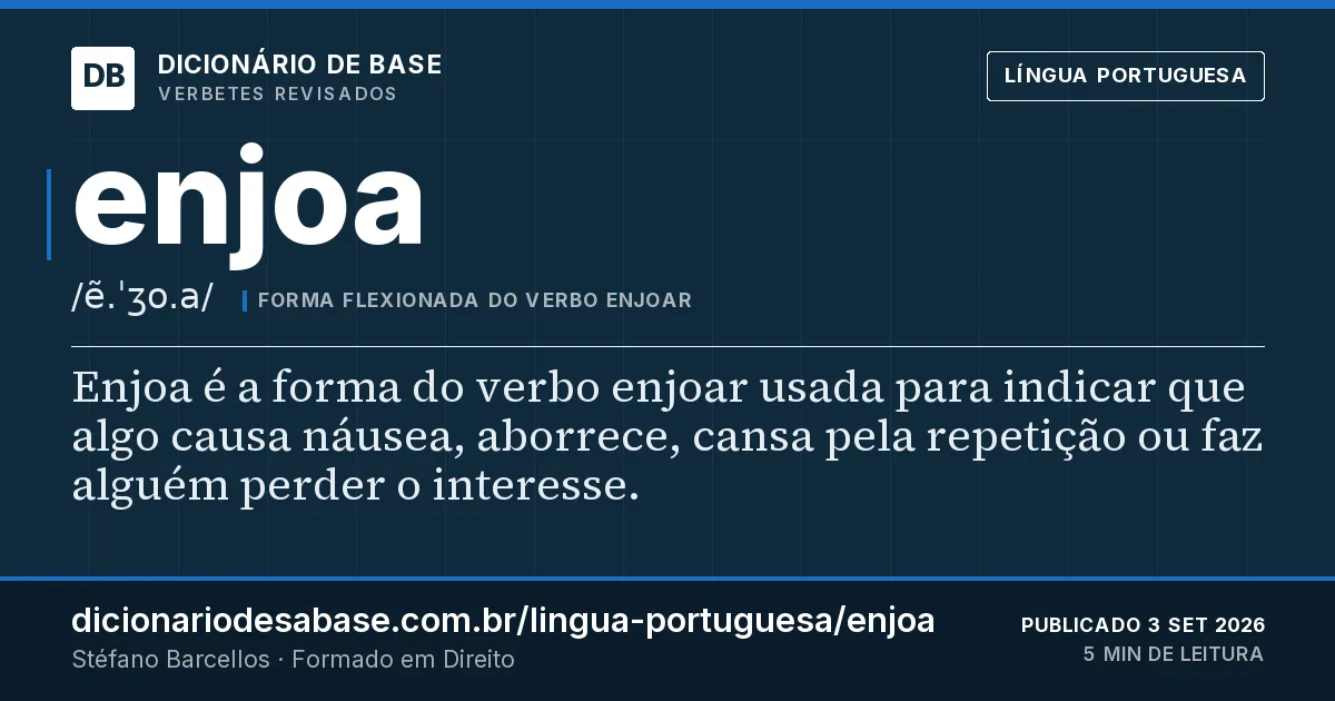 Cartão do verbete enjoa: Enjoa é a forma do verbo enjoar usada para indicar que algo causa náusea, aborrece, cansa pela repetição ou faz alguém…