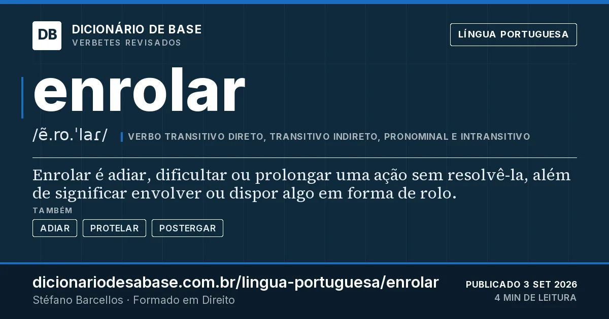 Cartão do verbete enrolar: Enrolar é adiar, dificultar ou prolongar uma ação sem resolvê-la, além de significar envolver ou dispor algo em forma…