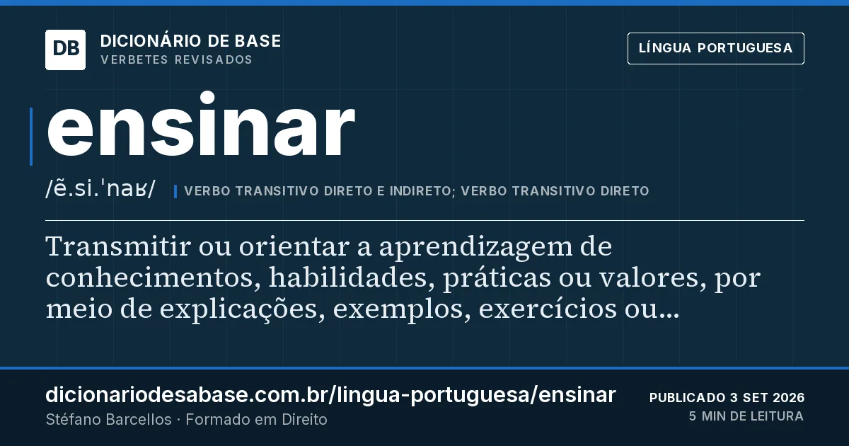 Cartão do verbete ensinar: Transmitir ou orientar a aprendizagem de conhecimentos, habilidades, práticas ou valores, por meio de explicações…
