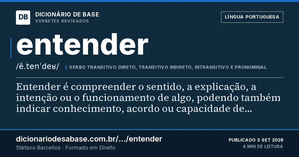 Cartão do verbete entender: Entender é compreender o sentido, a explicação, a intenção ou o funcionamento de algo, podendo também indicar…