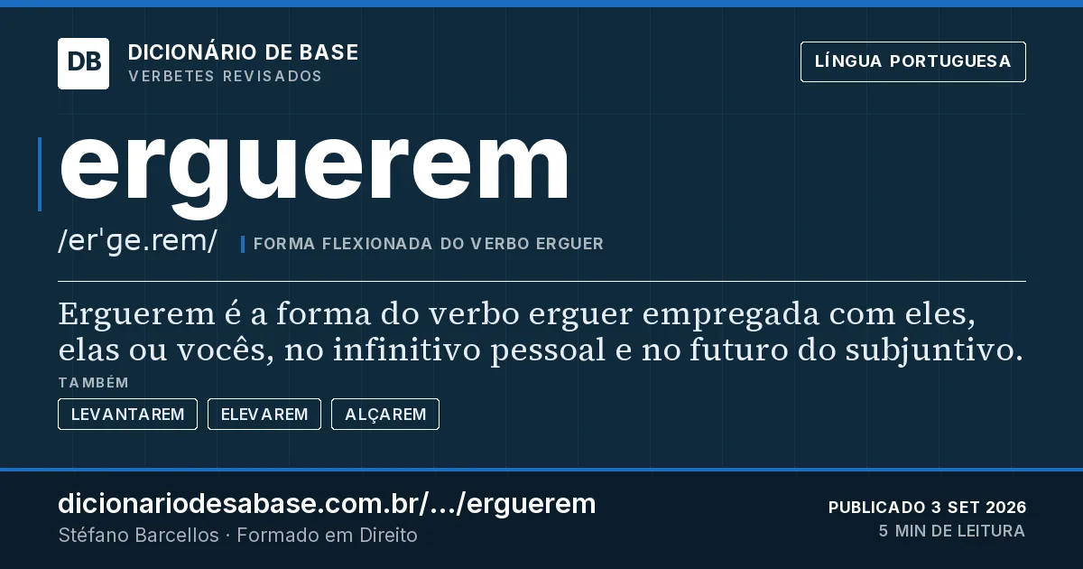 Cartão do verbete erguerem: Erguerem é a forma do verbo erguer empregada com eles, elas ou vocês, no infinitivo pessoal e no futuro do subjuntivo.