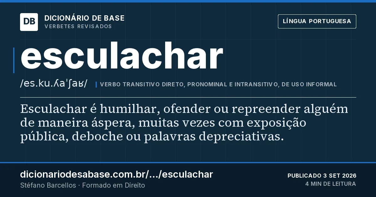 Cartão do verbete esculachar: Esculachar é humilhar, ofender ou repreender alguém de maneira áspera, muitas vezes com exposição pública, deboche ou…