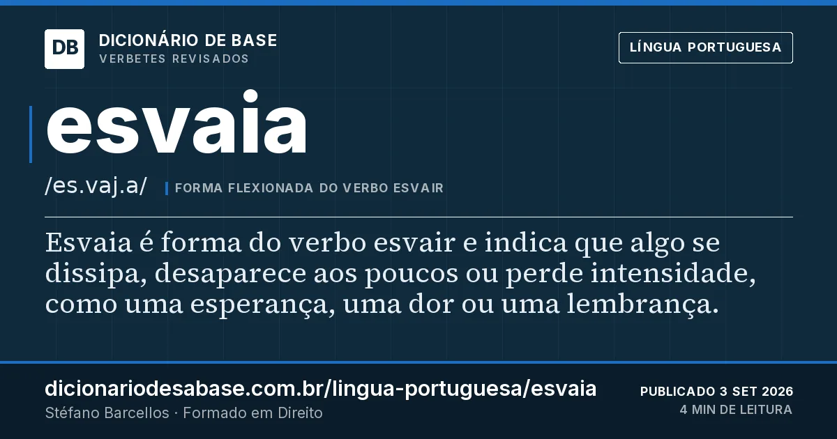 Cartão do verbete esvaia: Esvaia é forma do verbo esvair e indica que algo se dissipa, desaparece aos poucos ou perde intensidade, como uma…