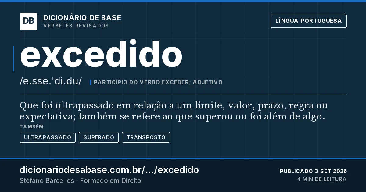 Cartão do verbete excedido: Que foi ultrapassado em relação a um limite, valor, prazo, regra ou expectativa; também se refere ao que superou ou foi…