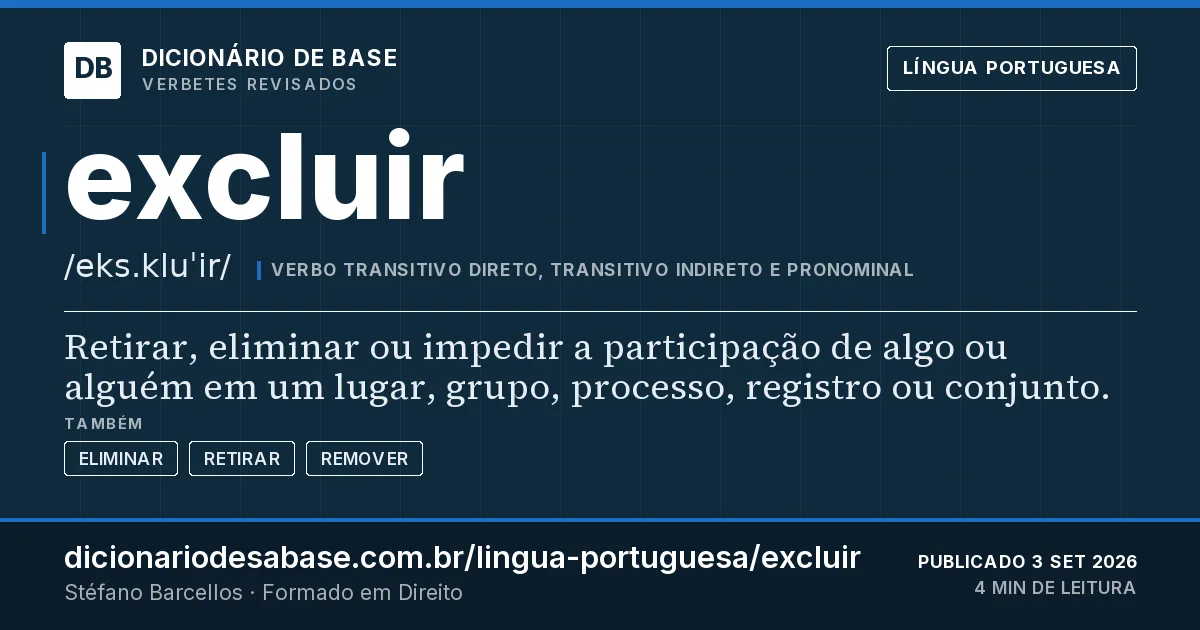 Cartão do verbete excluir: Retirar, eliminar ou impedir a participação de algo ou alguém em um lugar, grupo, processo, registro ou conjunto.