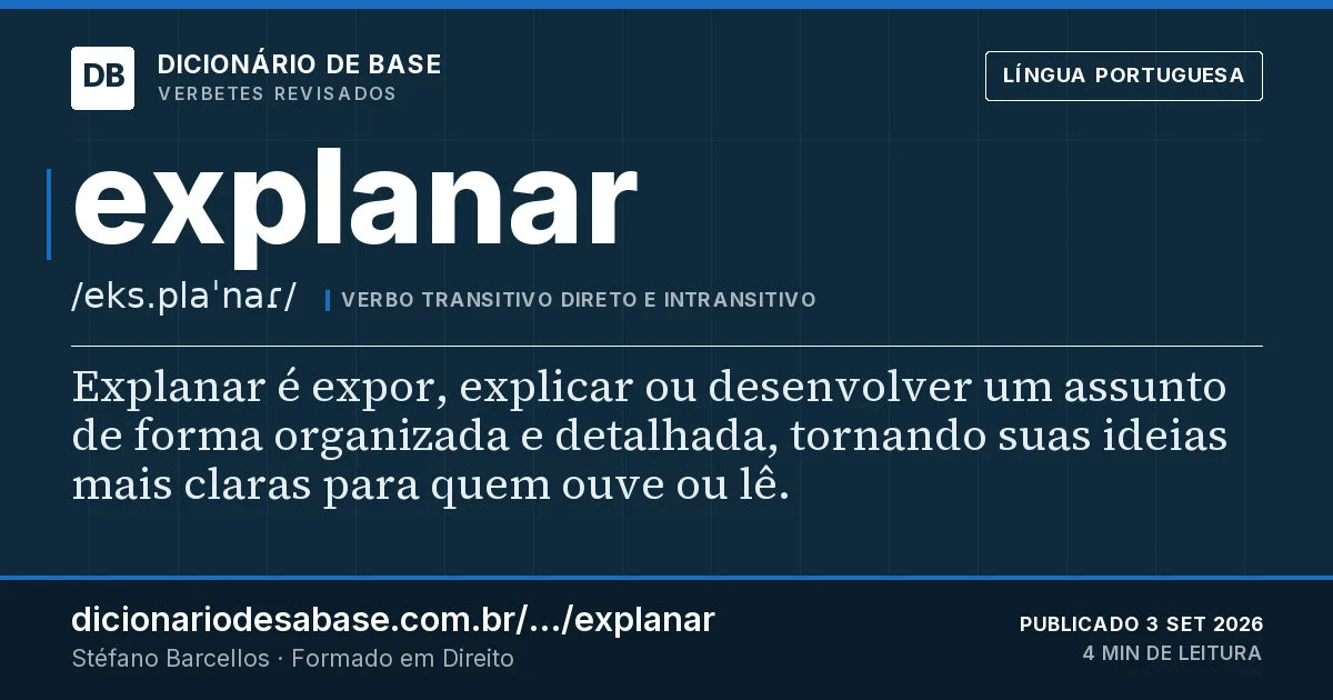 Cartão do verbete explanar: Explanar é expor, explicar ou desenvolver um assunto de forma organizada e detalhada, tornando suas ideias mais claras…