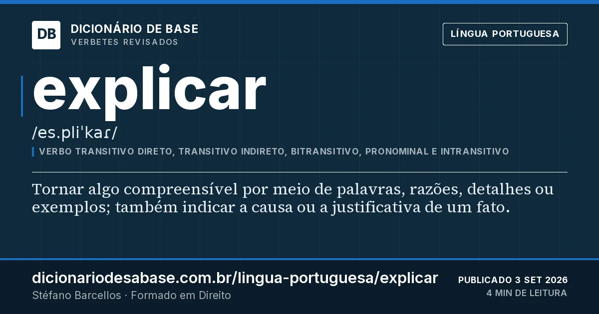 Cartão do verbete explicar: Tornar algo compreensível por meio de palavras, razões, detalhes ou exemplos; também indicar a causa ou a justificativa…