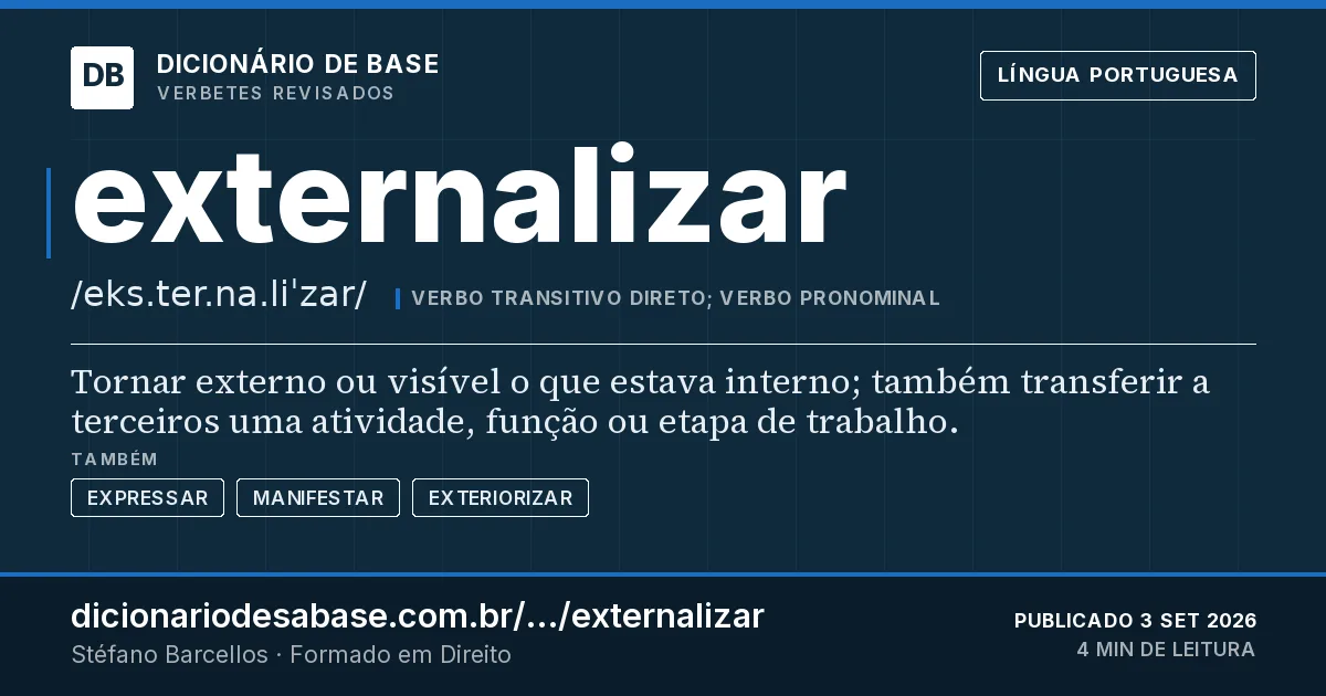 Cartão do verbete externalizar: Tornar externo ou visível o que estava interno; também transferir a terceiros uma atividade, função ou etapa de…