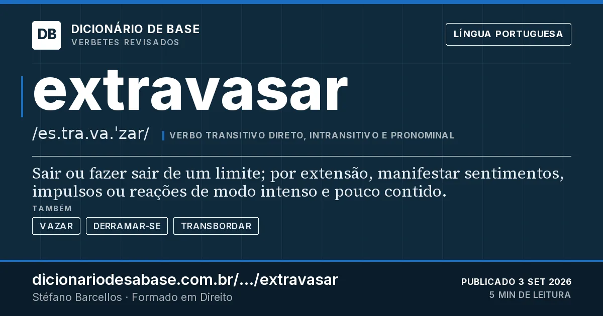 Cartão do verbete extravasar: Sair ou fazer sair de um limite; por extensão, manifestar sentimentos, impulsos ou reações de modo intenso e pouco…