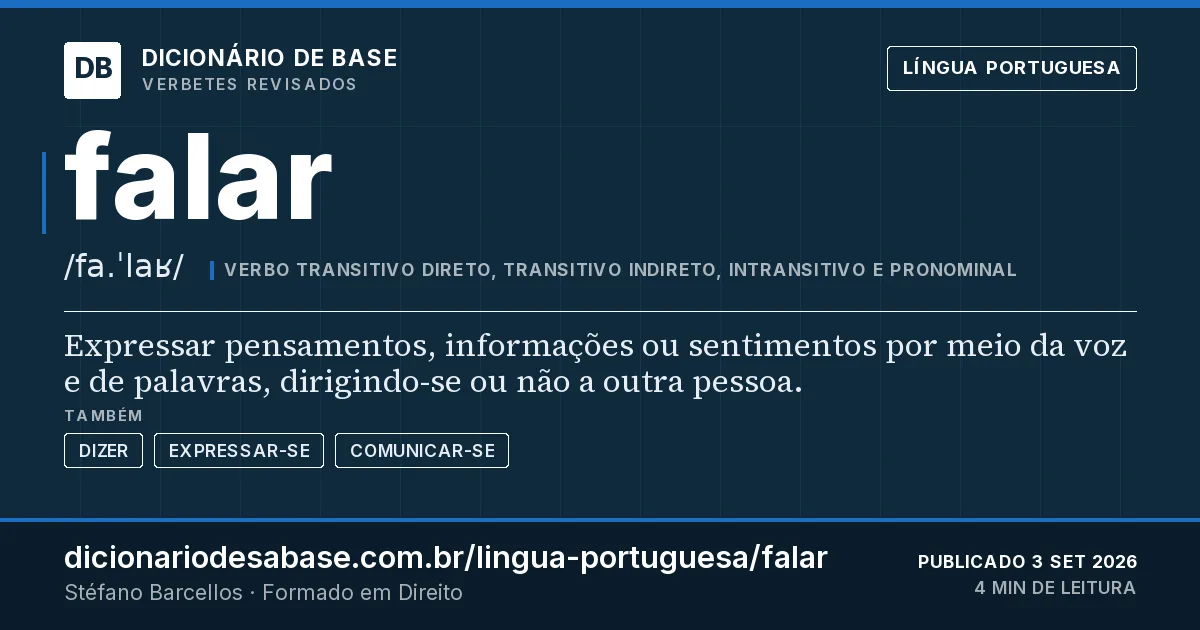 Cartão do verbete falar: Expressar pensamentos, informações ou sentimentos por meio da voz e de palavras, dirigindo-se ou não a outra pessoa.