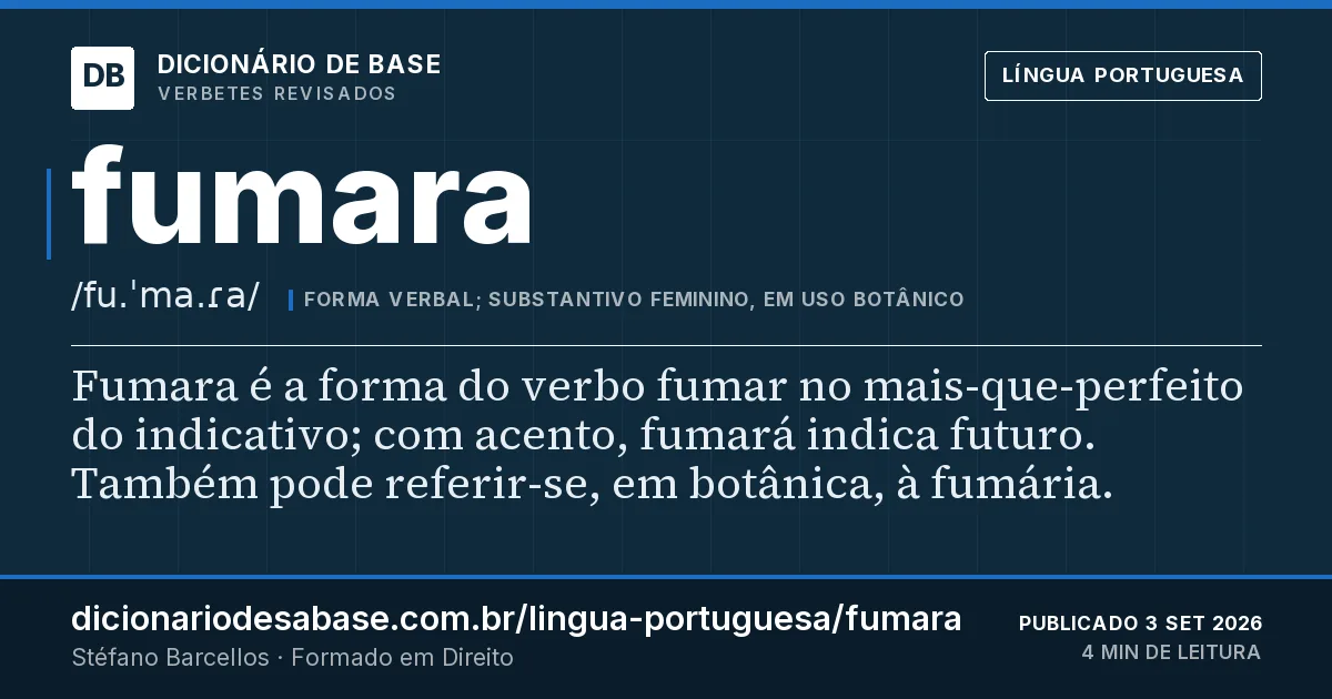 Cartão do verbete fumara: Fumara é a forma do verbo fumar no mais-que-perfeito do indicativo; com acento, fumará indica futuro. Também pode…