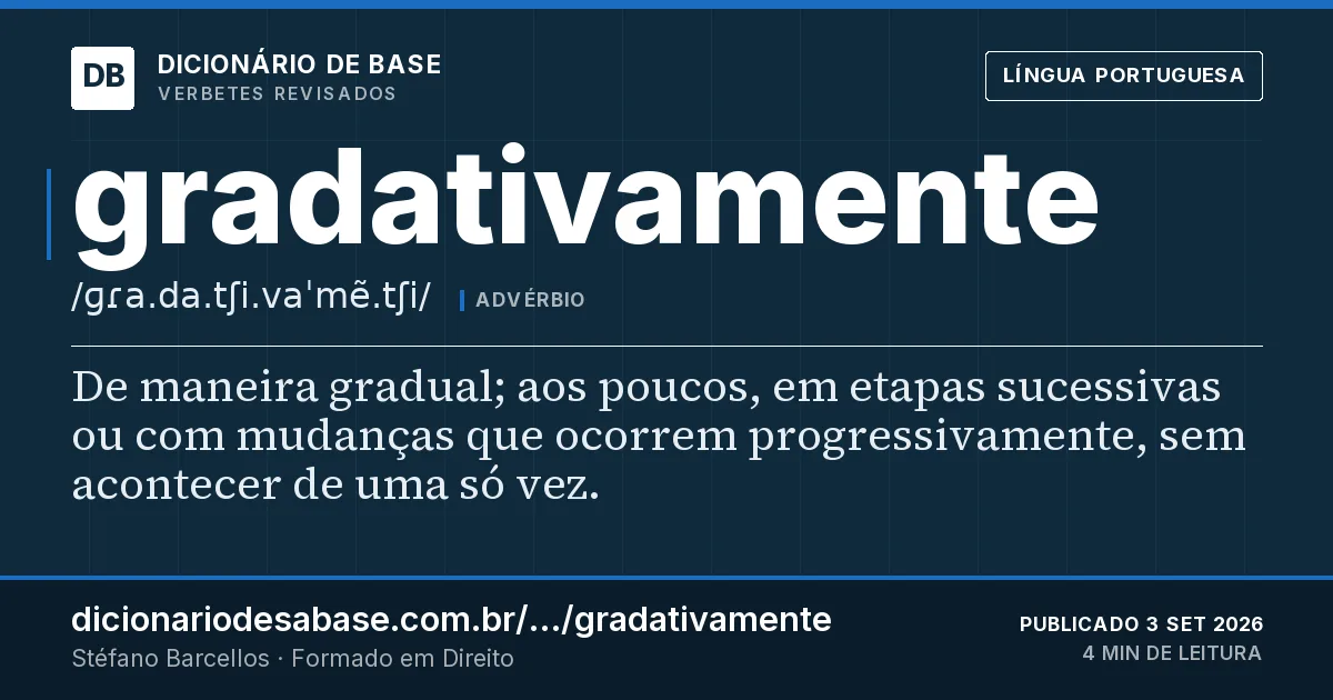 Cartão do verbete gradativamente: De maneira gradual; aos poucos, em etapas sucessivas ou com mudanças que ocorrem progressivamente, sem acontecer de uma…