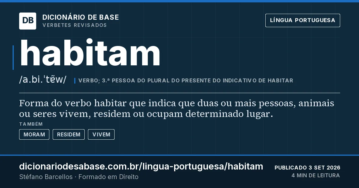 Cartão do verbete habitam: Forma do verbo habitar que indica que duas ou mais pessoas, animais ou seres vivem, residem ou ocupam determinado lugar.