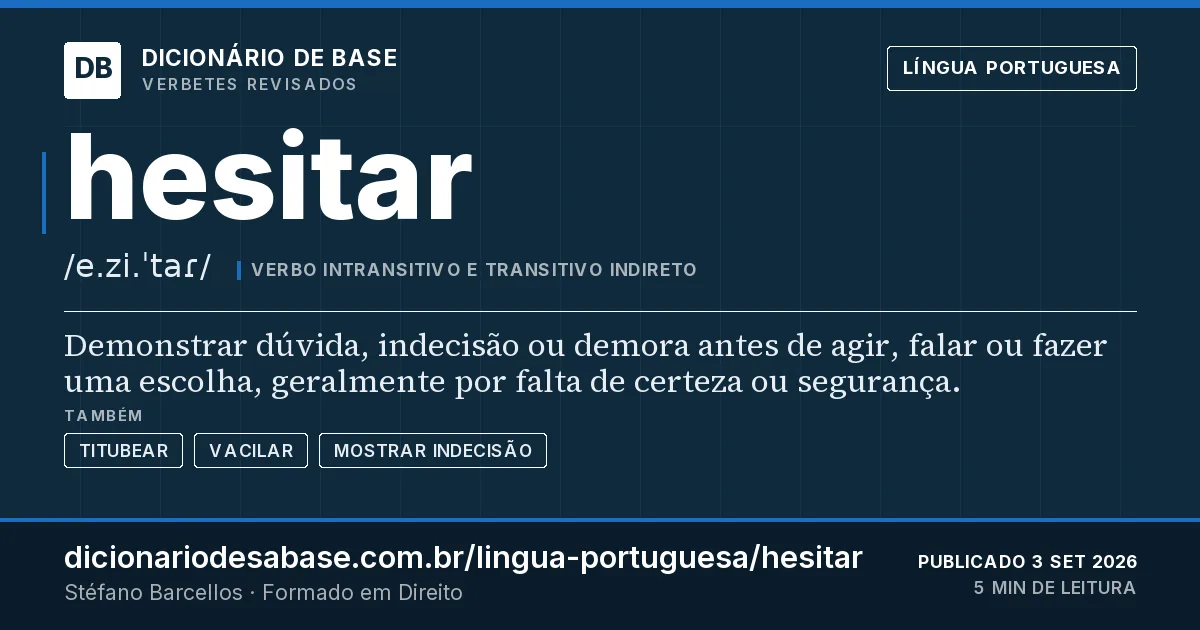 Cartão do verbete hesitar: Demonstrar dúvida, indecisão ou demora antes de agir, falar ou fazer uma escolha, geralmente por falta de certeza ou…