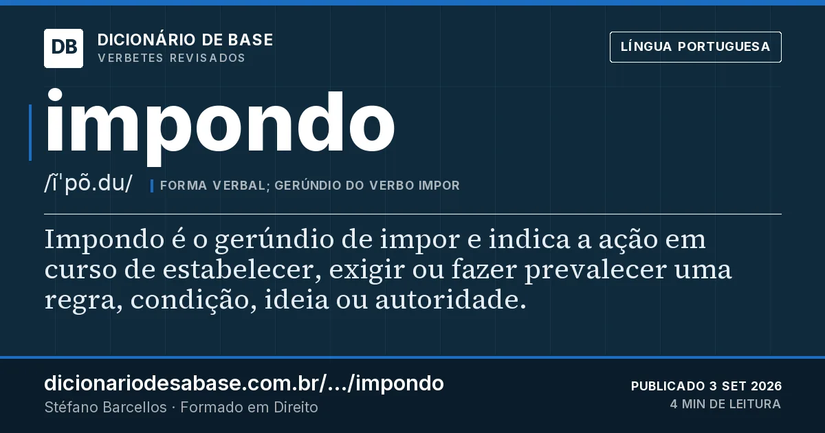 Cartão do verbete impondo: Impondo é o gerúndio de impor e indica a ação em curso de estabelecer, exigir ou fazer prevalecer uma regra, condição…