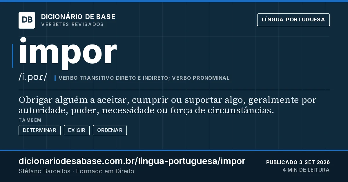 Cartão do verbete impor: Obrigar alguém a aceitar, cumprir ou suportar algo, geralmente por autoridade, poder, necessidade ou força de…