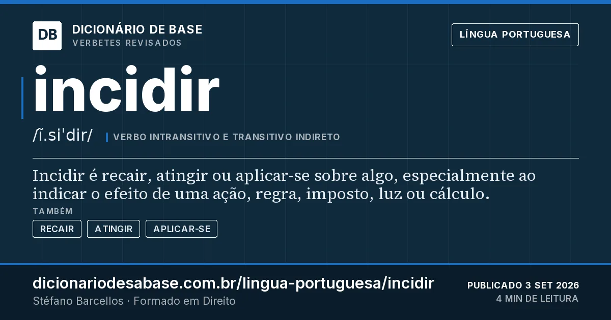 Cartão do verbete incidir: Incidir é recair, atingir ou aplicar-se sobre algo, especialmente ao indicar o efeito de uma ação, regra, imposto, luz…
