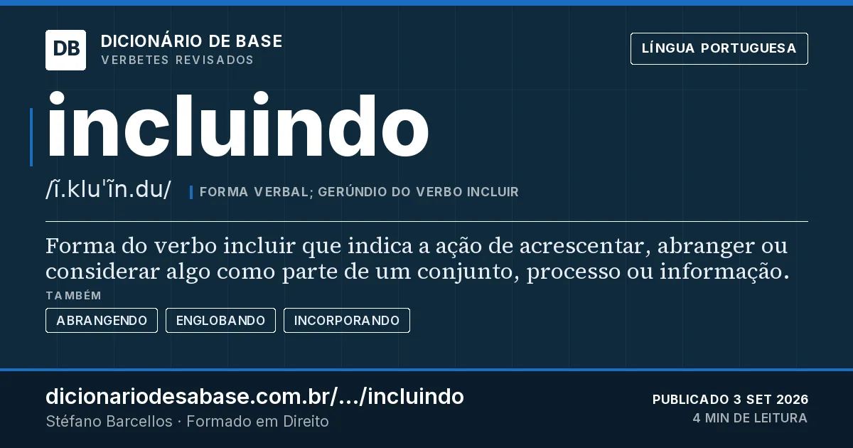 Cartão do verbete incluindo: Forma do verbo incluir que indica a ação de acrescentar, abranger ou considerar algo como parte de um conjunto…