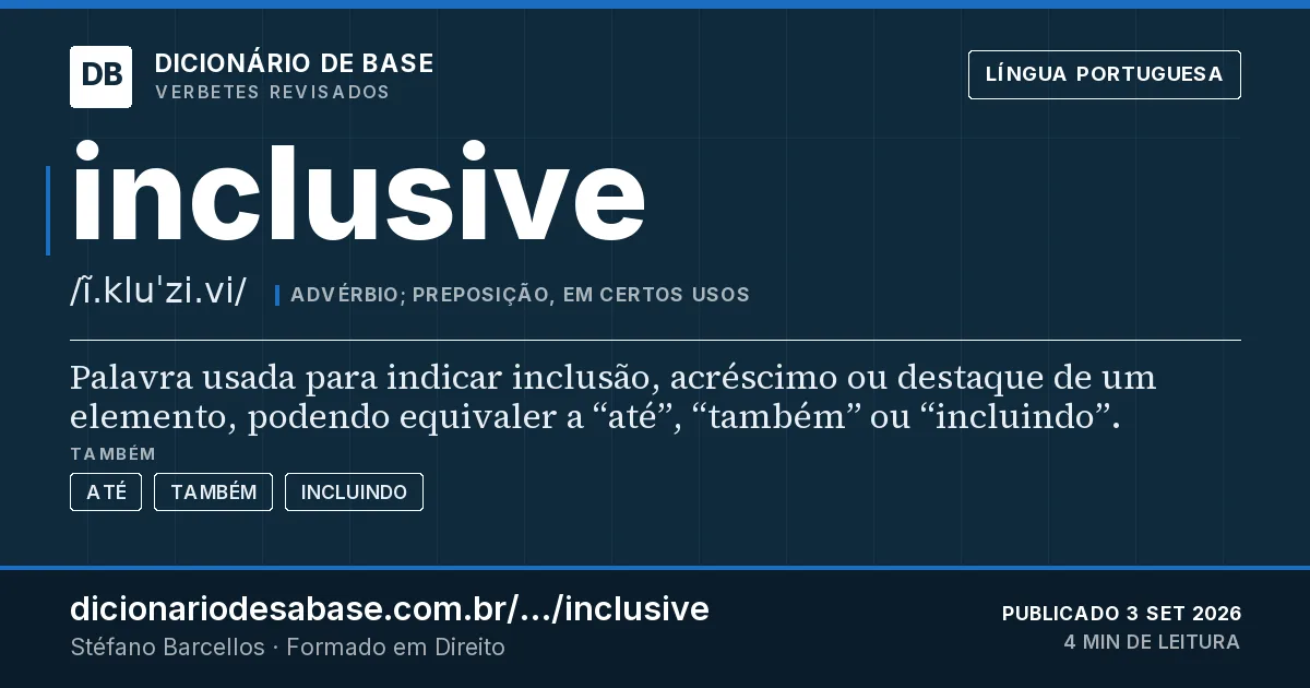 Cartão do verbete inclusive: Palavra usada para indicar inclusão, acréscimo ou destaque de um elemento, podendo equivaler a “até”, “também” ou…