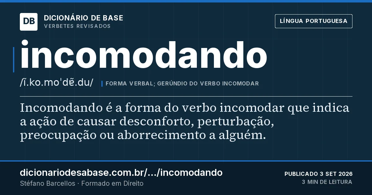 Cartão do verbete incomodando: Incomodando é a forma do verbo incomodar que indica a ação de causar desconforto, perturbação, preocupação ou…