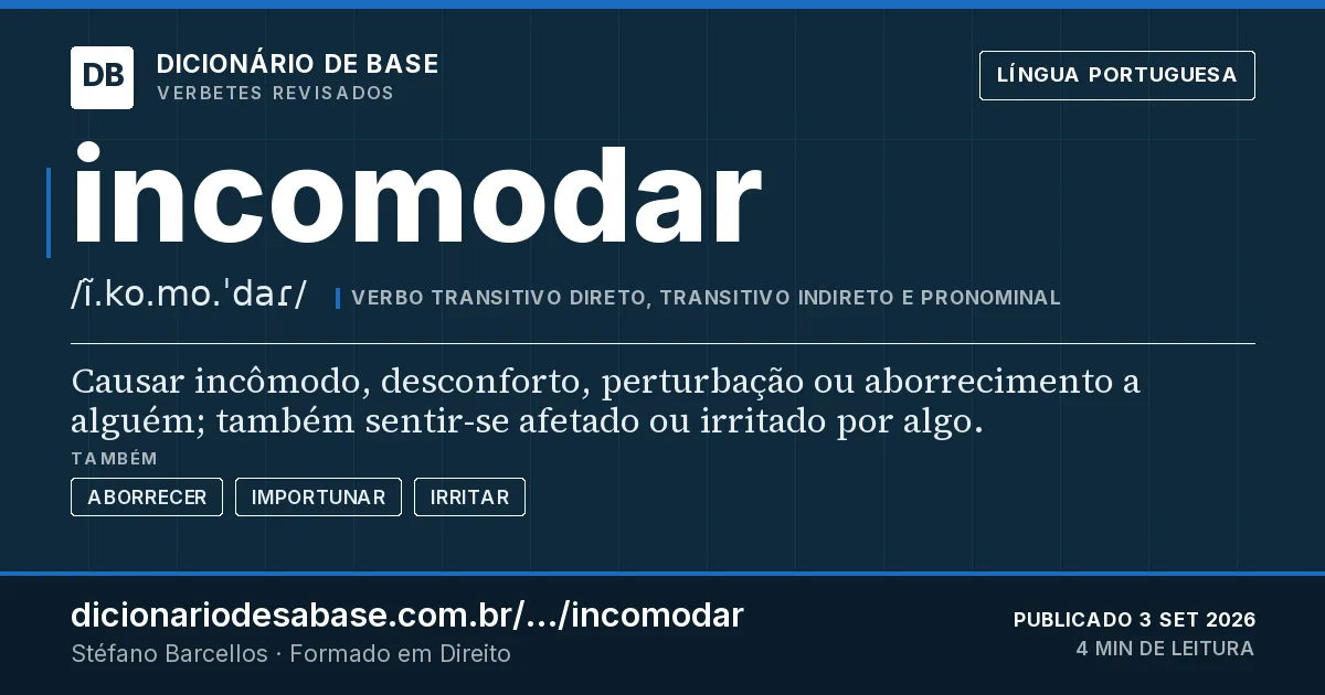 Cartão do verbete incomodar: Causar incômodo, desconforto, perturbação ou aborrecimento a alguém; também sentir-se afetado ou irritado por algo.