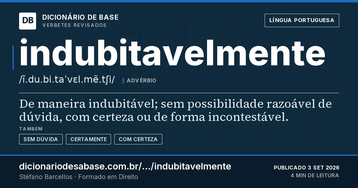 Cartão do verbete indubitavelmente: De maneira indubitável; sem possibilidade razoável de dúvida, com certeza ou de forma incontestável.