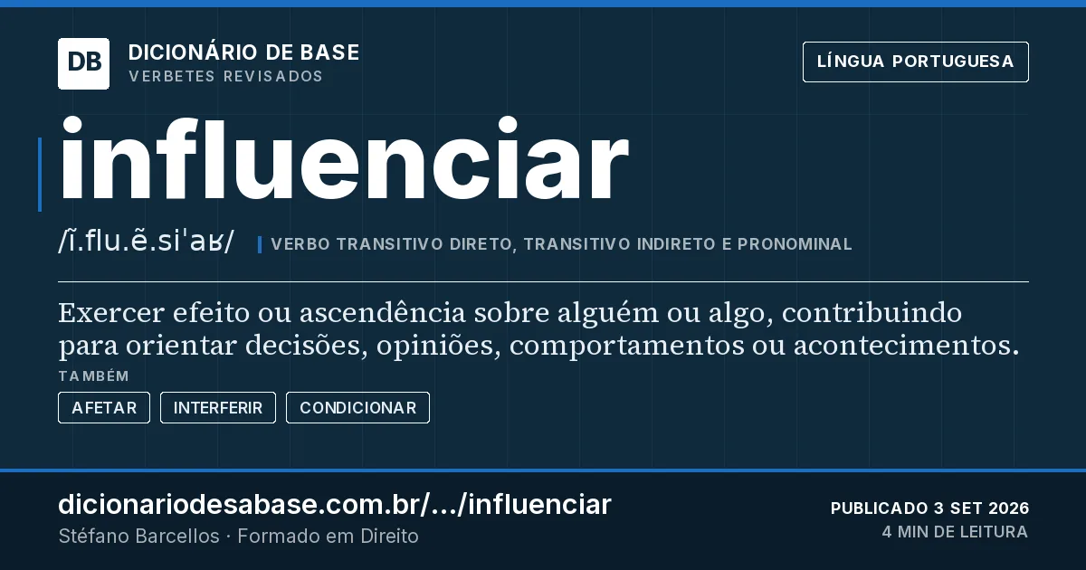 Cartão do verbete influenciar: Exercer efeito ou ascendência sobre alguém ou algo, contribuindo para orientar decisões, opiniões, comportamentos ou…