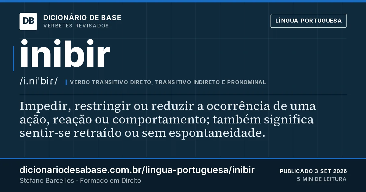 Cartão do verbete inibir: Impedir, restringir ou reduzir a ocorrência de uma ação, reação ou comportamento; também significa sentir-se retraído…