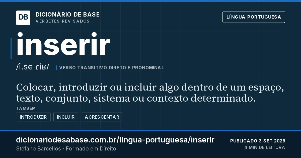 Cartão do verbete inserir: Colocar, introduzir ou incluir algo dentro de um espaço, texto, conjunto, sistema ou contexto determinado.