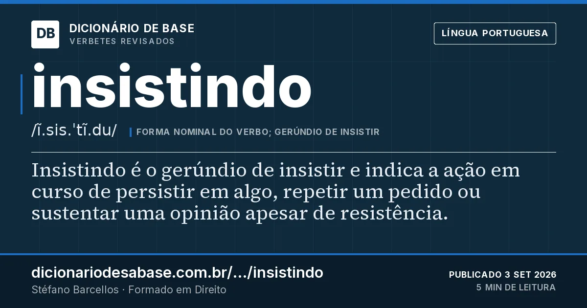 Cartão do verbete insistindo: Insistindo é o gerúndio de insistir e indica a ação em curso de persistir em algo, repetir um pedido ou sustentar uma…