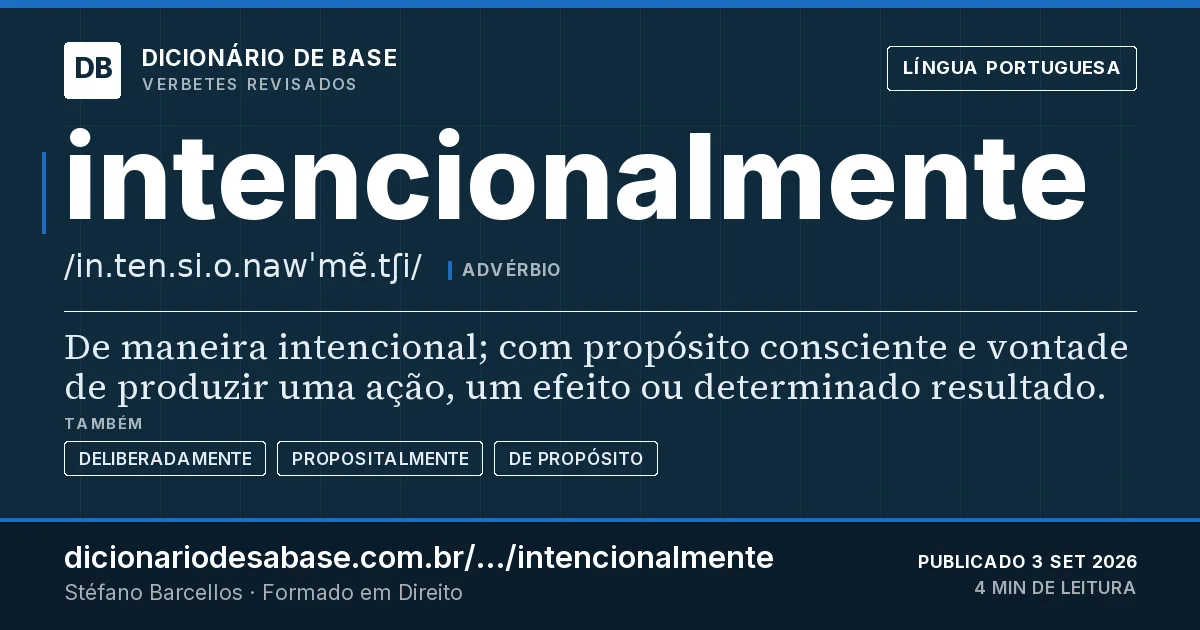 Cartão do verbete intencionalmente: De maneira intencional; com propósito consciente e vontade de produzir uma ação, um efeito ou determinado resultado.