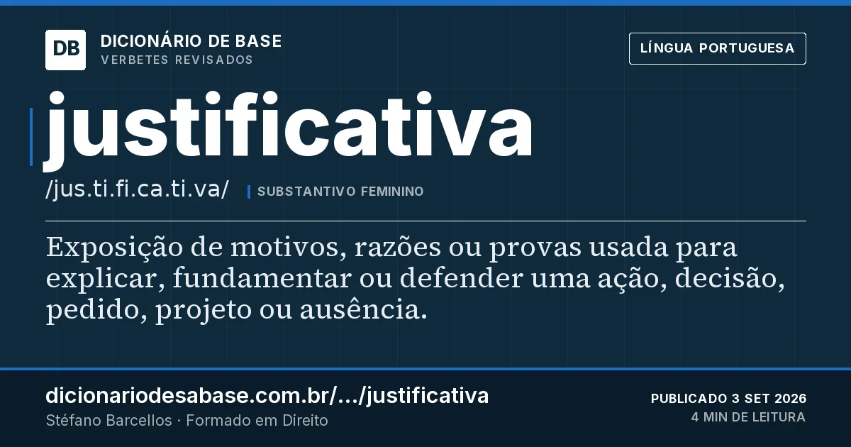 Cartão do verbete justificativa: Exposição de motivos, razões ou provas usada para explicar, fundamentar ou defender uma ação, decisão, pedido, projeto…