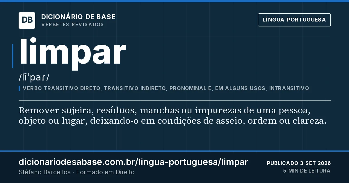 Cartão do verbete limpar: Remover sujeira, resíduos, manchas ou impurezas de uma pessoa, objeto ou lugar, deixando-o em condições de asseio…