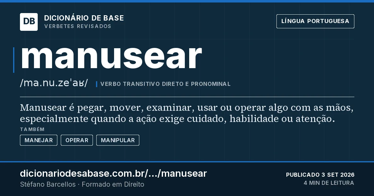 Cartão do verbete manusear: Manusear é pegar, mover, examinar, usar ou operar algo com as mãos, especialmente quando a ação exige cuidado…