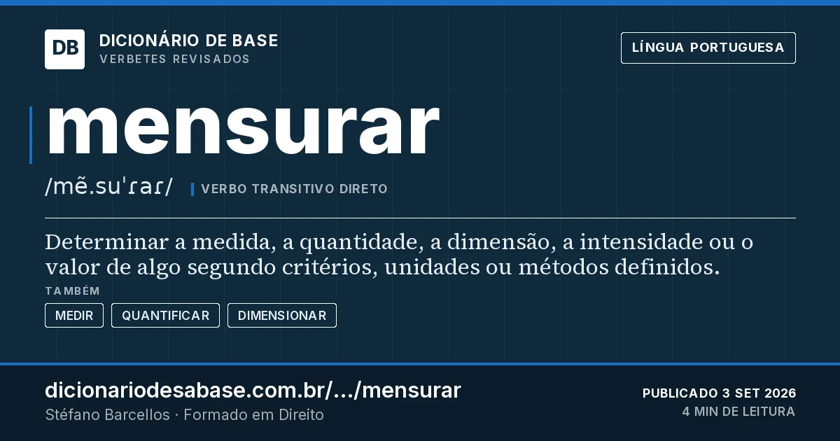 Cartão do verbete mensurar: Determinar a medida, a quantidade, a dimensão, a intensidade ou o valor de algo segundo critérios, unidades ou métodos…
