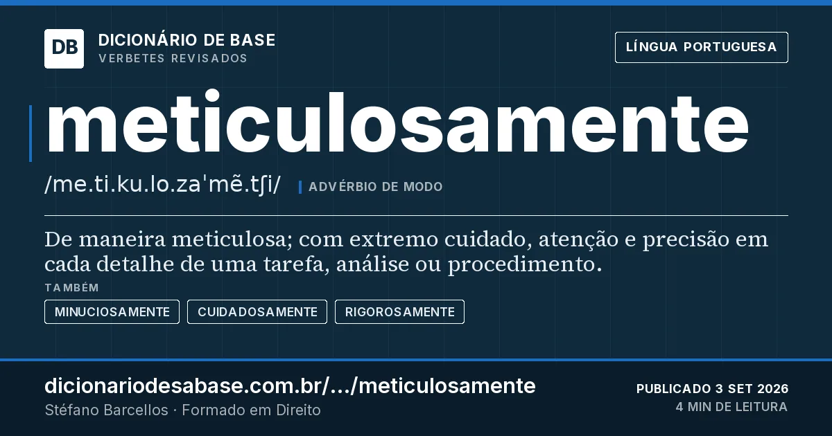Cartão do verbete meticulosamente: De maneira meticulosa; com extremo cuidado, atenção e precisão em cada detalhe de uma tarefa, análise ou procedimento.