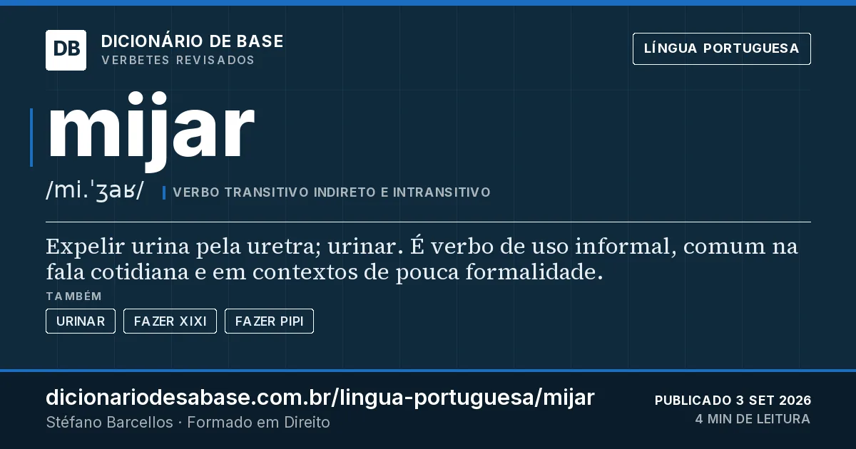 Cartão do verbete mijar: Expelir urina pela uretra; urinar. É verbo de uso informal, comum na fala cotidiana e em contextos de pouca formalidade.